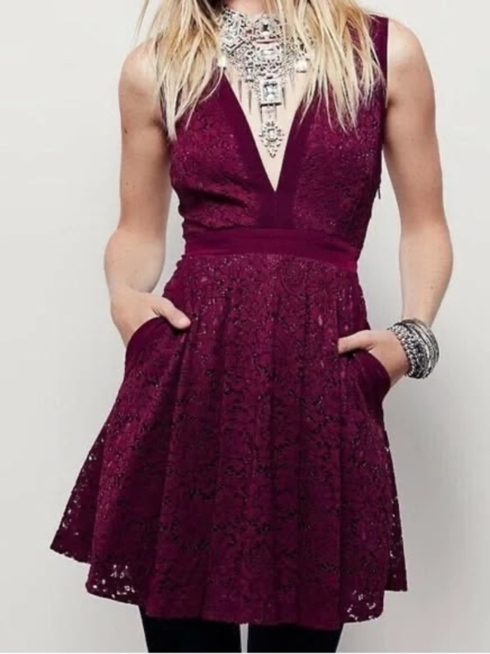 Free People Lovely in Lace Fit & Flare Burgundy Dress